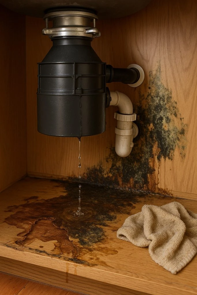 leaking-kitchen-garbage-disposal-causing-cabinet-damage-and-mold-growth-683x1024